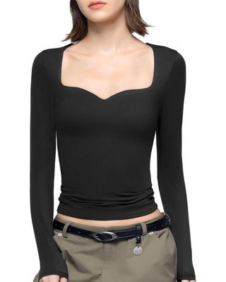 Pumiey Long Sleeve Shirts for Women Sweetheart Neck, Going Out Tops Sexy Basic Tee, Jet Black X-Small