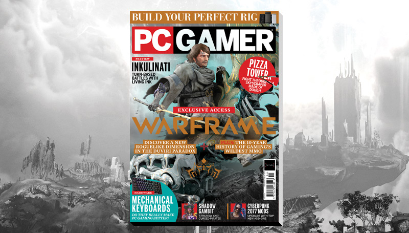 The cover of PC Gamer magazine issue 381, featuring Warframe.