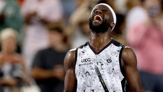 Frances Tiafoe celebrates his win against Brandon Nakashima during the Men's Semifinals on day twelve of the Cincinnati Open at the Lindner Family Tennis Center.