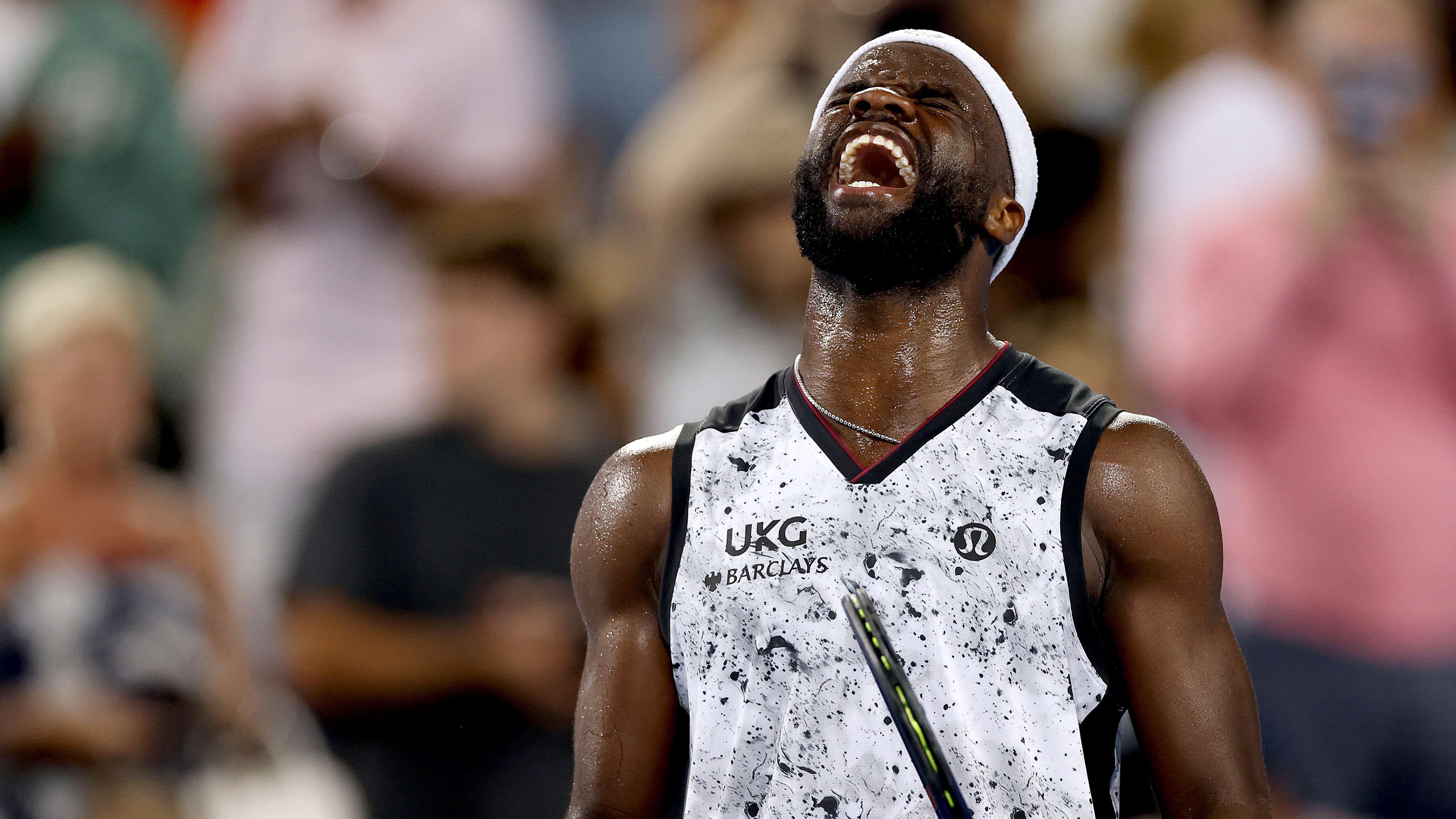 Frances Tiafoe celebrates his win against Brandon Nakashima during the Men's Semifinals on day twelve of the Cincinnati Open at the Lindner Family Tennis Center. 