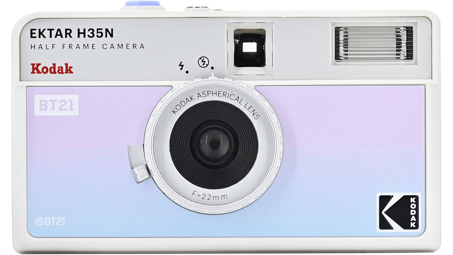 A studio shot of the Kodak Ektar H35N front on, on a white background and in the BT21 colorway