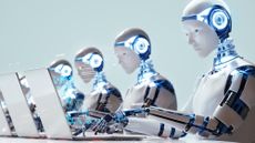 A digital generated image of multiple robots working on laptops siting in a row.