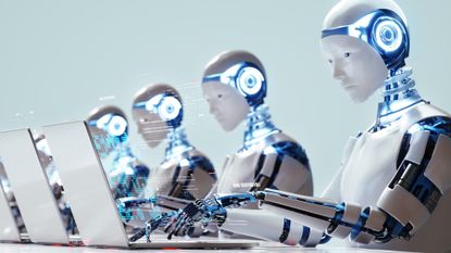 A digital generated image of multiple robots working on laptops siting in a row.