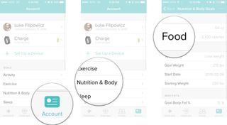 Launch Fitbit from your Home screen, tap on the account tab, tap on the Nutrition & Body button, and then tap on the Food button.