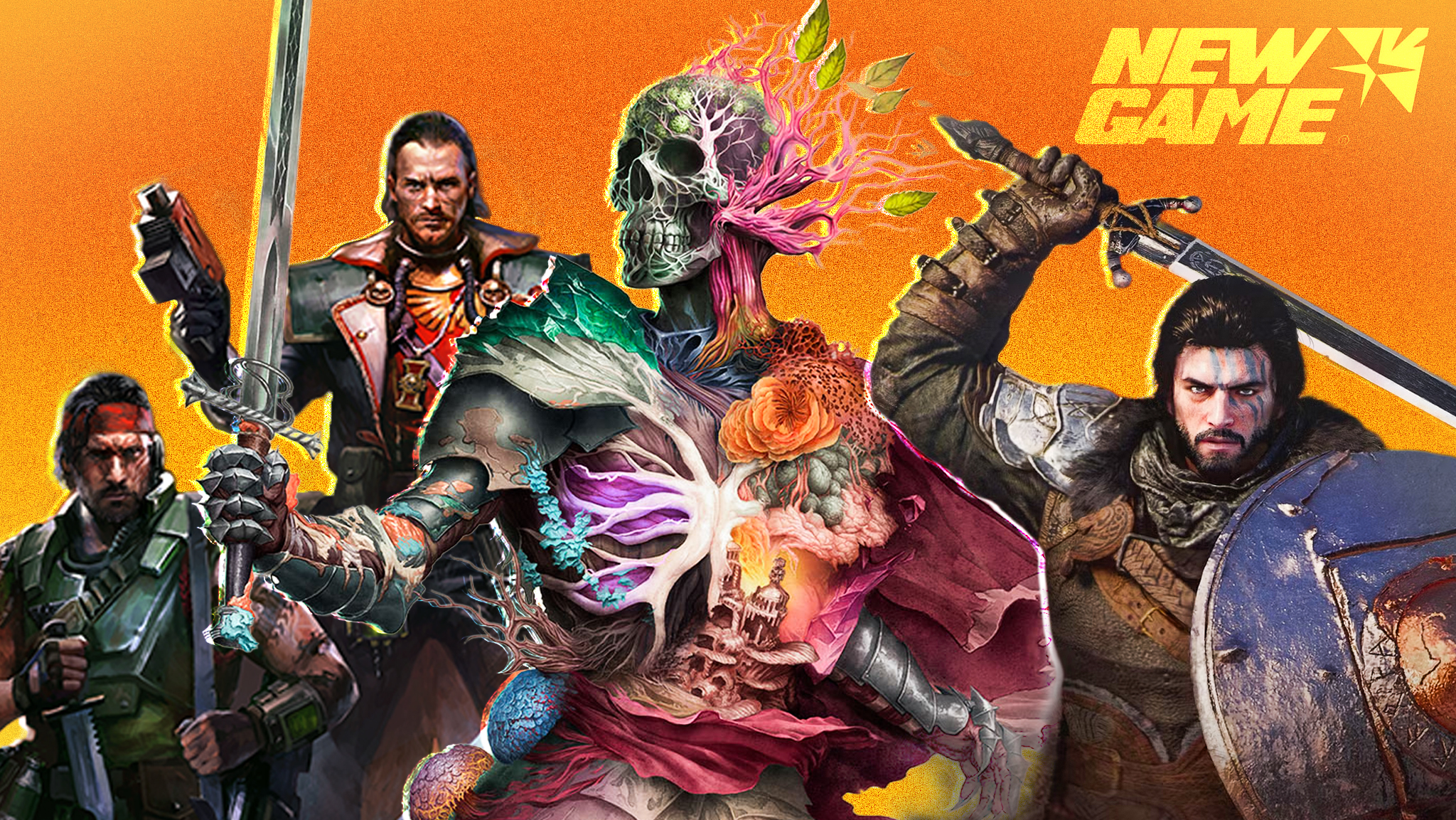 Characters from Warhammer 40,000: Dark Heresy, Avowed, and Crimson Desert on an orange background. 