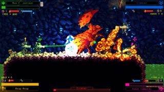 Local multiplayer games — two co-op players in the Metroid-like Hive Jump battle a massive space bug.