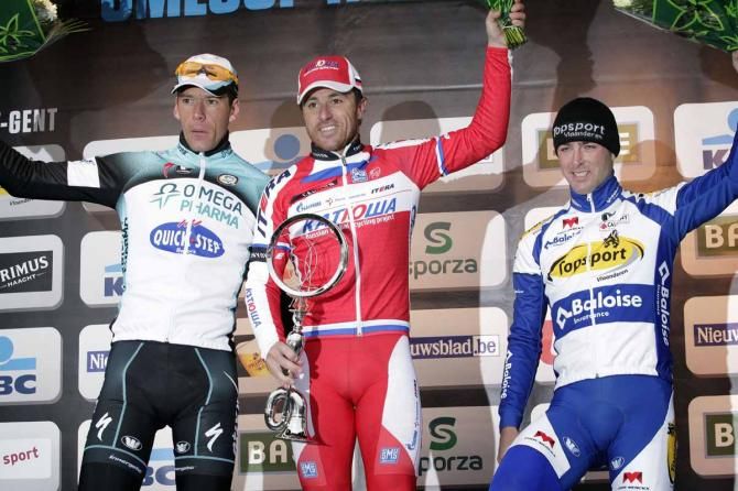 The Omloop podium: Stijn Vandenbergh (Omega Pharma-Quick Step), Luca Paolini (Katusha) and Sven Vandousselaere (Bel) Topsport Vlaanderen - Baloise