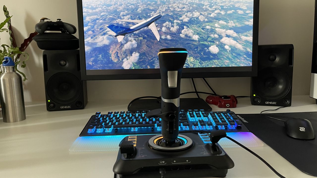 Turtle Beach VelocityOne Flight stick facing away to show throttles and connection ports