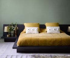 Paint colors that will help you sleep better; green bedroom in Benjamin Moore Scenic Drive