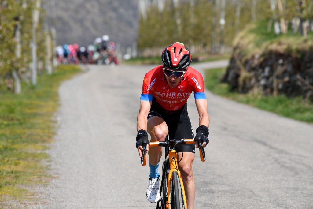 NATURNS ITALY APRIL 21 Pello Bilbao Lpez of Spain and Team Bahrain Victorious during the 44th Tour of the Alps 2021 Stage 3 a 162km stage from Imst to NaturnsNaturno Breakaway Attack TourofTheAlps TouroftheAlps on April 21 2021 in Naturns Italy Photo by Tim de WaeleGetty Images