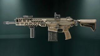 Battlefield 6 M277 loadout: A side-on view of the M277 carbine, with attachments equipped, against a dark blue/green background.