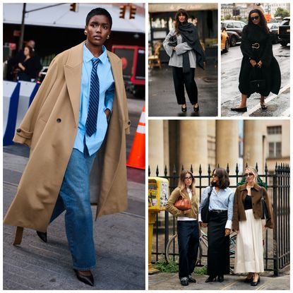 A four image image graphic of spring 2025 new york, London, Milan, paris fashion week attendees in fall outfit ideas