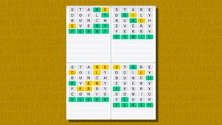 Quordle daily sequence answers for game 706 on a yellow background