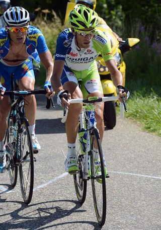 Vincenzo Nibali (Liquigas-Cannondale) dropped his GC rivals on the descent of the Grand Colombier and has caught Andriy Grivko (Astana), one of the members of the day's big escape.
