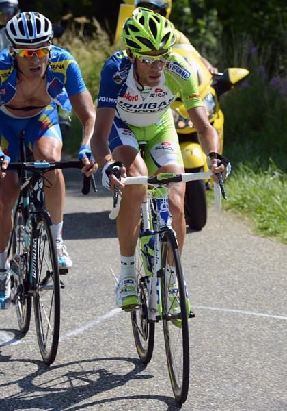 Vincenzo Nibali (Liquigas-Cannondale) dropped his GC rivals on the descent of the Grand Colombier and has caught Andriy Grivko (Astana), one of the members of the day's big escape.