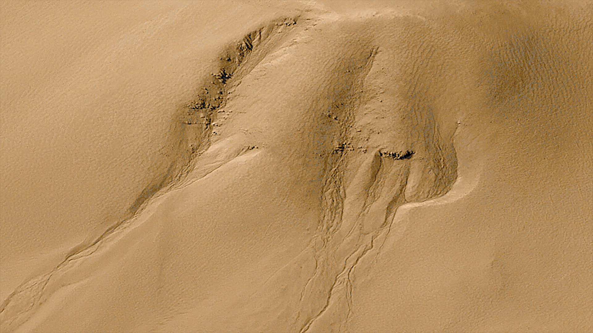 apparent gullies eroded into a reddish-brown wall of a crater