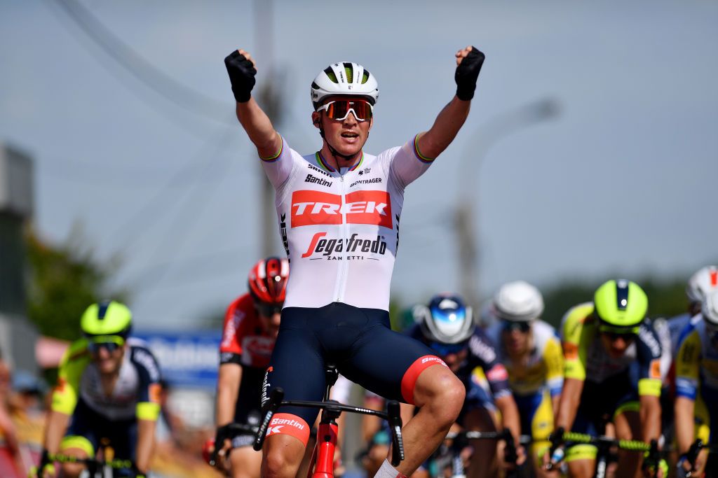 MAARKEDAL BELGIUM JUNE 15 Mads Pedersen of Denmark and Team Trek Segafredo celebrates winning during the 91st Baloise Belgium Tour 2022 Stage 1 a 165km stage from Merelbeke to Merelbeke BaloiseBelgiumTour on June 15 2022 in Maarkedal Belgium Photo by Luc ClaessenGetty Images