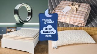 The composite image shows from L-R the Oura Ring 4, Quince gingham bed sheets, Coop Adjustable pillow and the Saatva Classic mattress. In the center of the image is a blue pillow-shaped badge with the text "Tom's Guide Sleep Awards 2025"