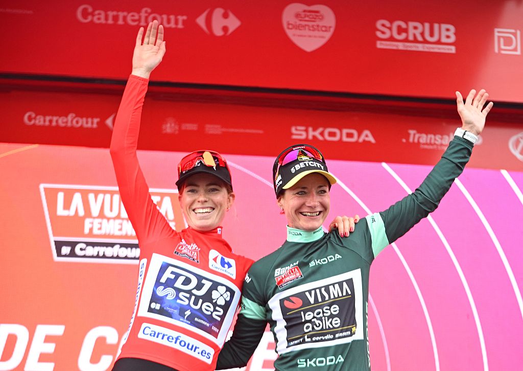 Demi Vollering and Marianne Vos on the Vuelta Femenina podium