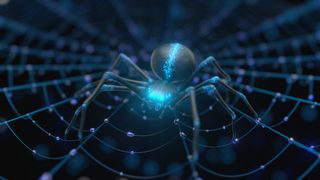 Scattered Spider concept image showing robotic spider with blue lights for eyes on its web