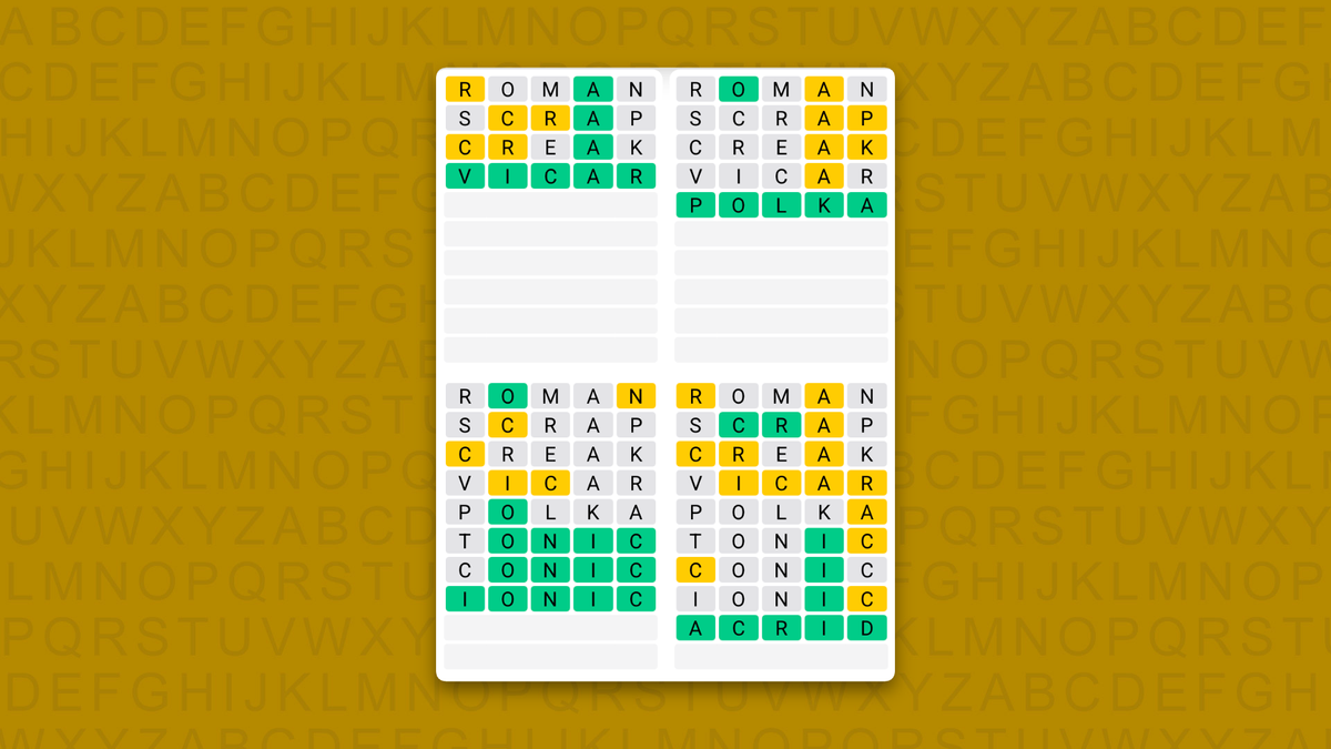 Quordle Daily Sequence answers for game 1736 on a yellow background