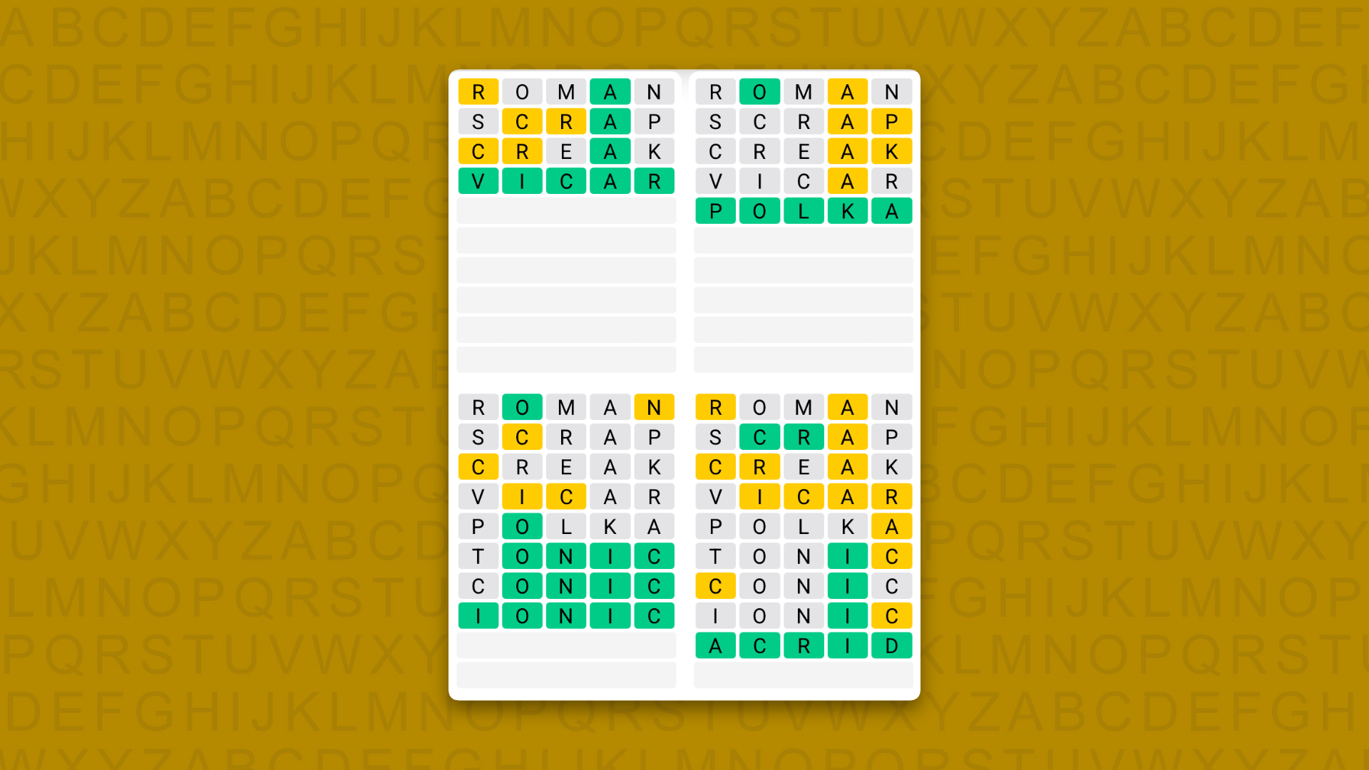 Quordle Daily Sequence answers for game 1736 on a yellow background