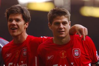 Xabi Alonso and Steven Gerrard of Liverpool celebrate after winning the 2006 FA Cup final against West Ham United