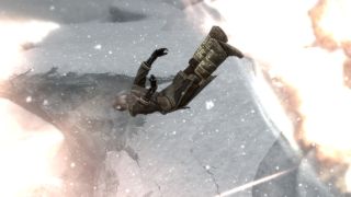 A Skyrim character in mid-flight thanks to Supersafe Dwarven Rocket Boots, one of the best Skyrim mods
