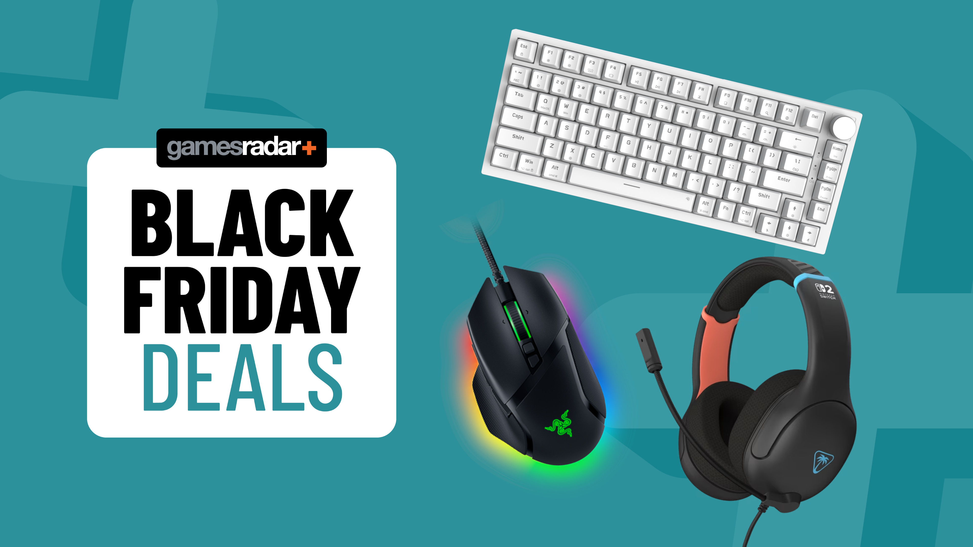 Gaming keyboard, mouse, and headset on a blue background with Black Friday deals badge