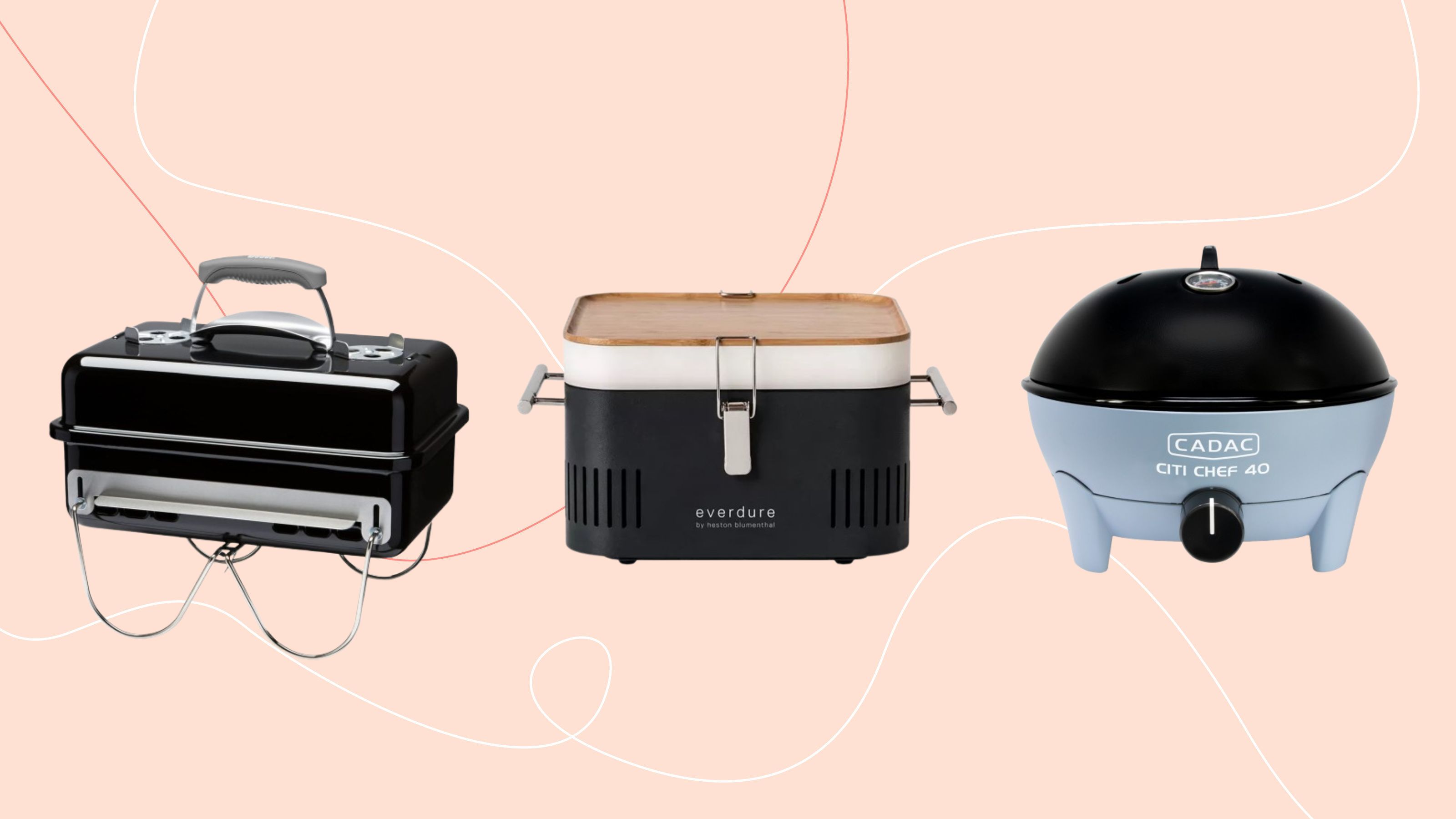Weber Go-Anywhere Charcoal BBQ, Everdure Cube BBQ and Cadac Citi BBQ on pink background