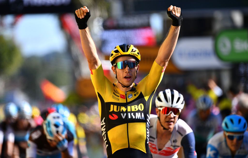 LAVAUR FRANCE SEPTEMBER 04 Arrival Wout Van Aert of Belgium and Team Jumbo Visma Celebration during the 107th Tour de France 2020 Stage 7 a 168km stage from Millau to Lavaur TDF2020 LeTour on September 04 2020 in Lavaur France Photo by Stuart FranklinGetty Images