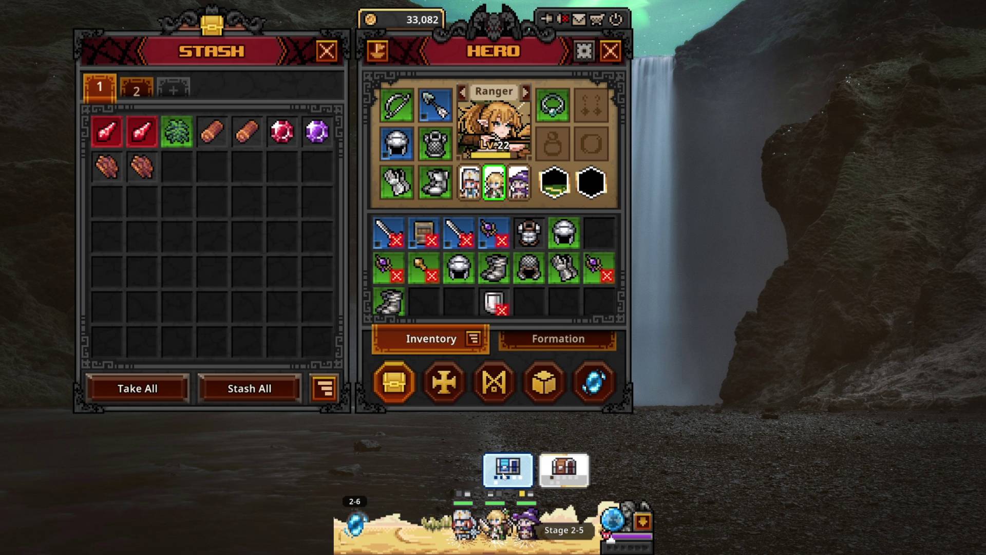 Task Bar Hero multiple chests above adventurers with stash menu and inventory open