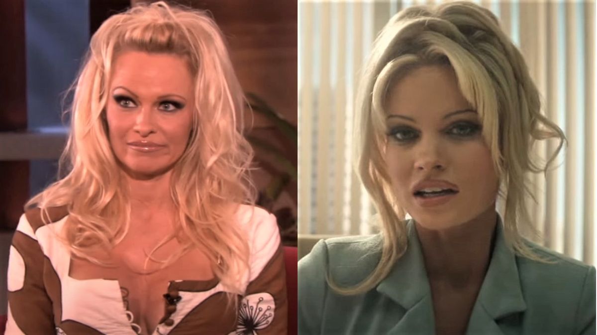 Pamela Anderson on The Ellen DeGeneres Show and Lily James in Pam &amp; Tommy.