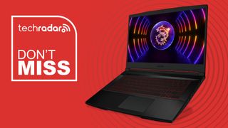The MSI GF63 gaming laptop on a red background.