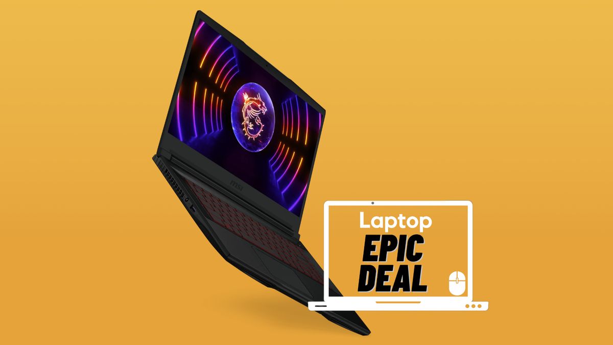 MSI Thin GF63 gaming laptop on a yellow gradient background with a Laptop Mag &quot;Epic Deal&quot; sticker next to it.