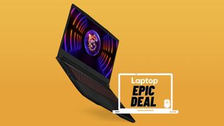 MSI Thin GF63 gaming laptop on a yellow gradient background with a Laptop Mag &quot;Epic Deal&quot; sticker next to it.