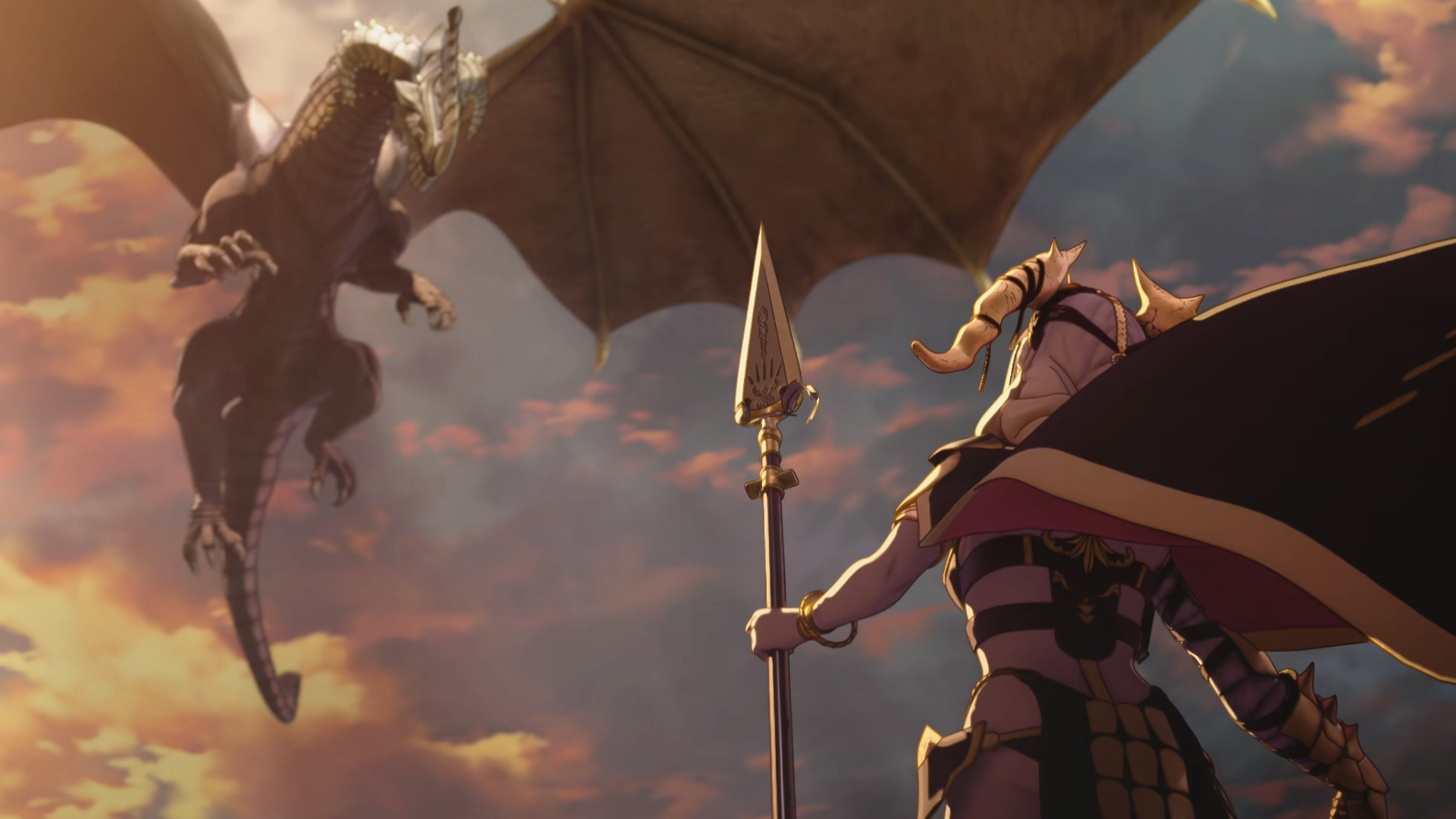 Theodora holds a spear in Fire Emblem: Fortune's Weave and looks at a dragon