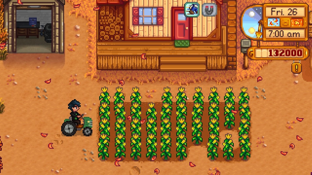 Stardew Valley mods - Tractor mod - A player rides a green tractor near a field of corn
