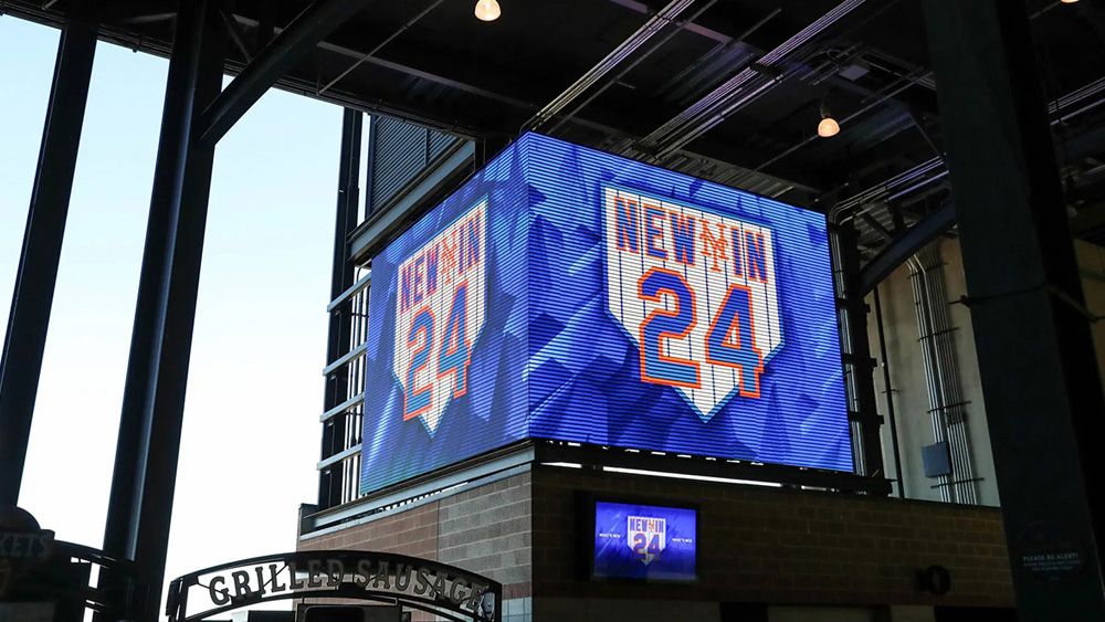 The new 3D display lit up in the New York Mets &quot;What&#039;s New in 2024&quot; logo.