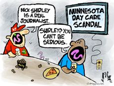 Two men are in a bar watching television. The screen has a headline that reads, "Minnesota day care scandal." One of the men wears a MAGA 47 hat ant says, "Nick Shirley is a real journalist." The other man responds, "Shirley? You can't be serious."