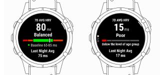 A rendering of Garmin wearables with balanced (L, 80ms) and poor (R, 15ms) HRV readings
