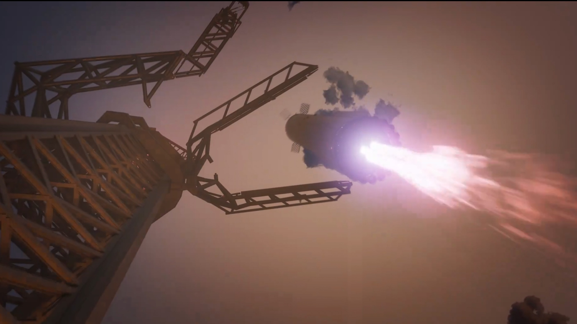 Fırlatma kulesinin yakınına inmek üzere olan büyük bir roketi gösteren animasyon.