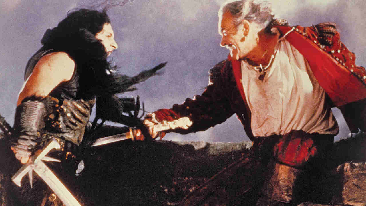 A still from the 1986 movie Highlander featuring Clancy Brown and Sean Connery
