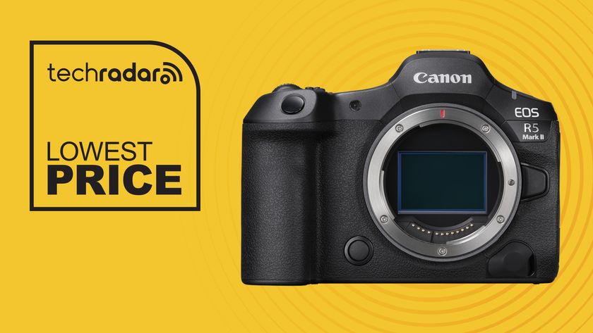 Canon EOS R5 Mark II on yellow background with lowest price text overlay