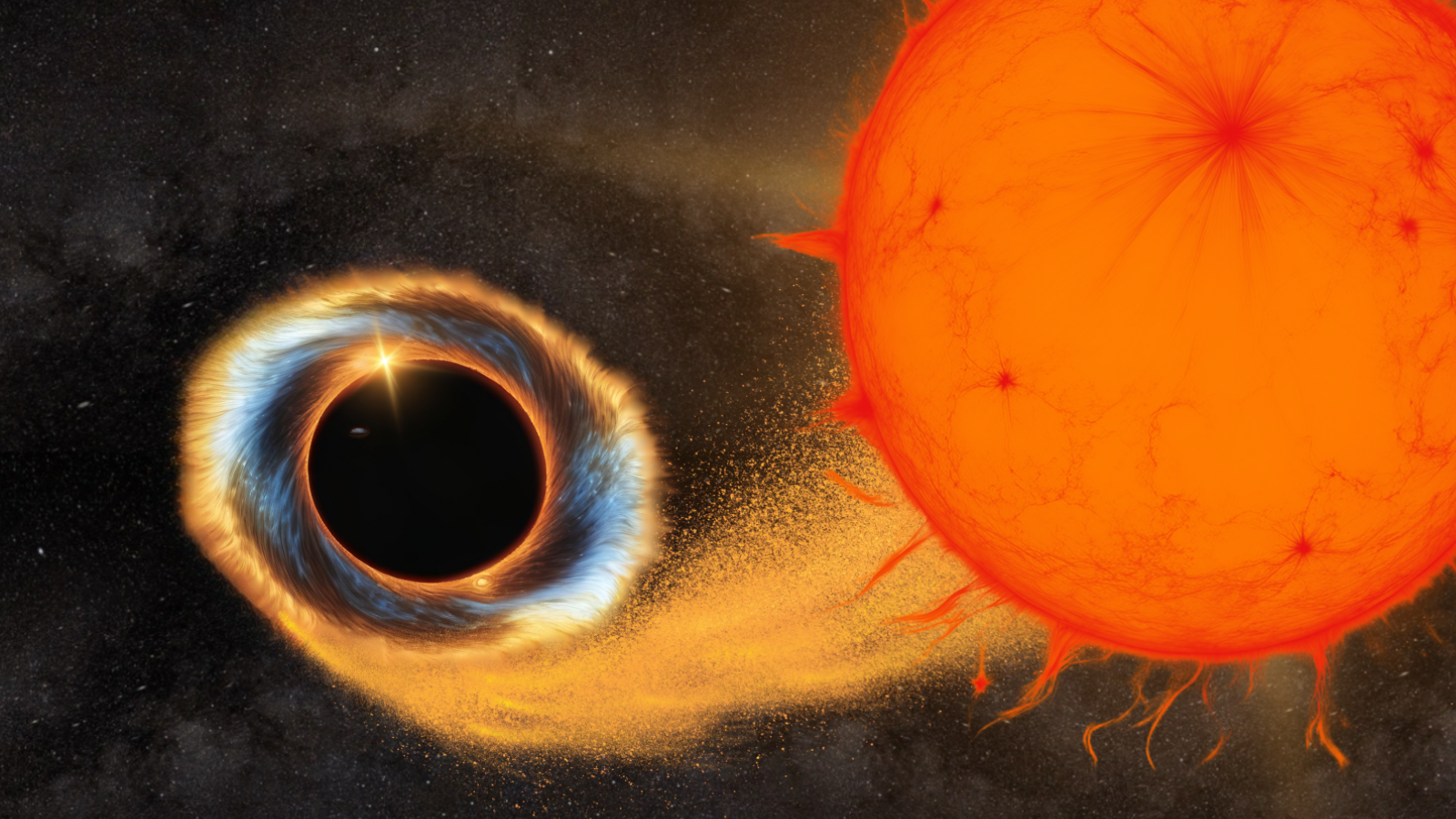An illustration of an orange orb in front of a black hole.