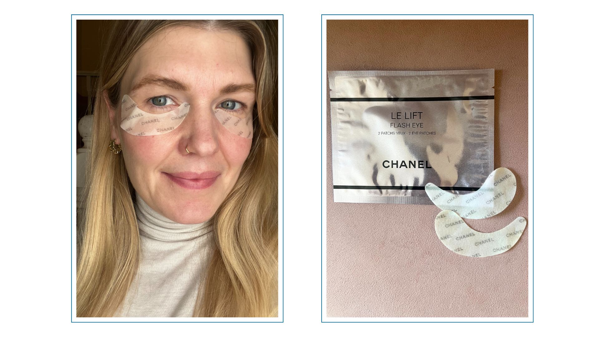 an image of chanel le lift flash eye patches on a pink backdrop with their pink sachet behind, next to an image of beauty editor Fiona McKim testing the patches