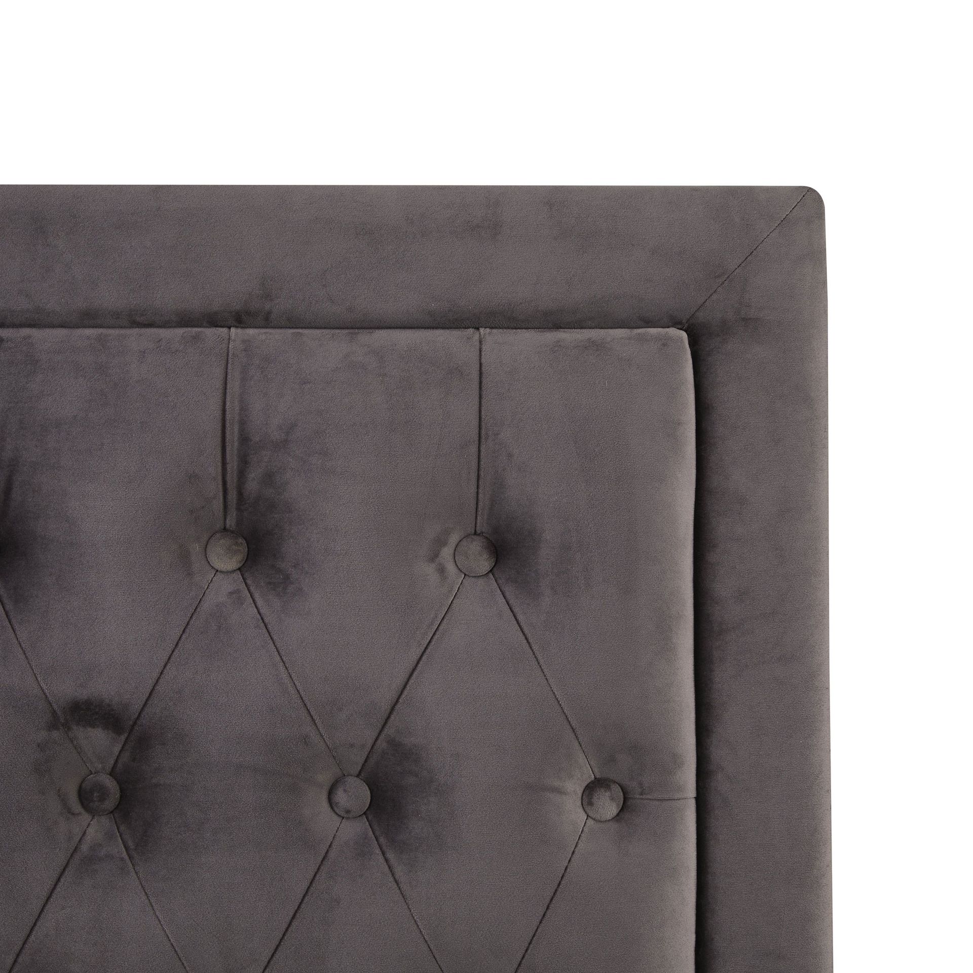 grey velvet headboard with buttons