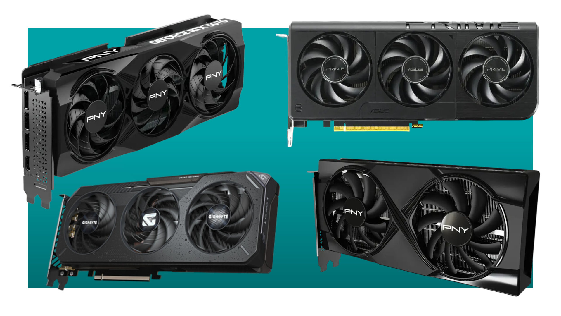 A collage of graphics cards against a teal background with a white border.