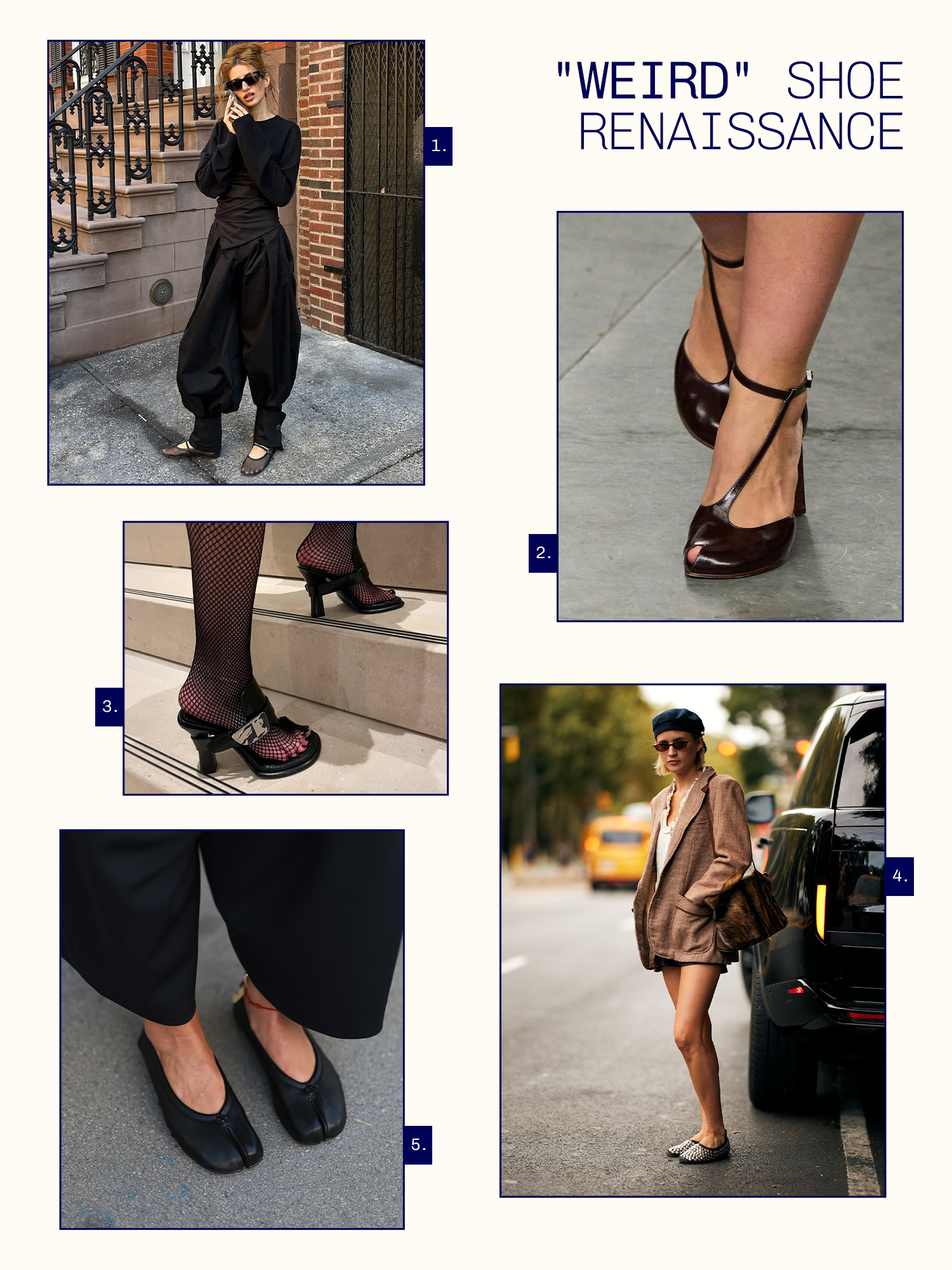 Anaa Saber in oversize black pants and mesh flats. Tory Burch peep-toe heels. Mesh tights in a pair of black and silver heels. Black tabi ballet flats. Woman in oversize blazer and studded Tory Burch flats.