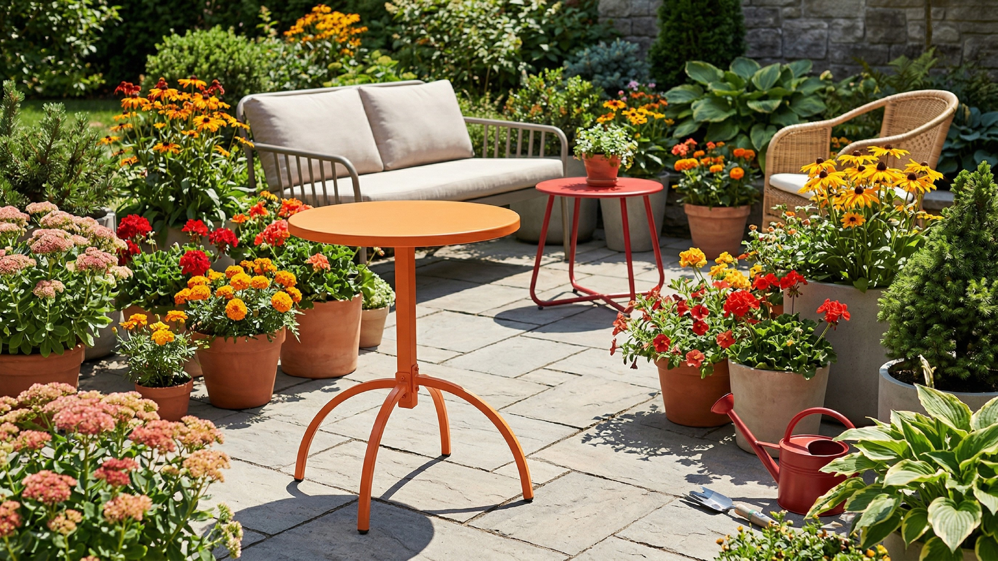 Colorful tables on a patio on a sunny day